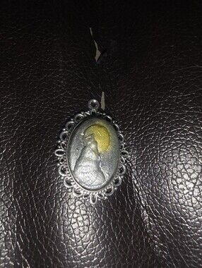 Wolf Howling At Moon On Silver Tone Necklace Pendant